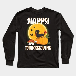 Dachshund Seeing Turkey Dish Happy Halloween Thanksgiving Merry Christmas Day Long Sleeve T-Shirt
